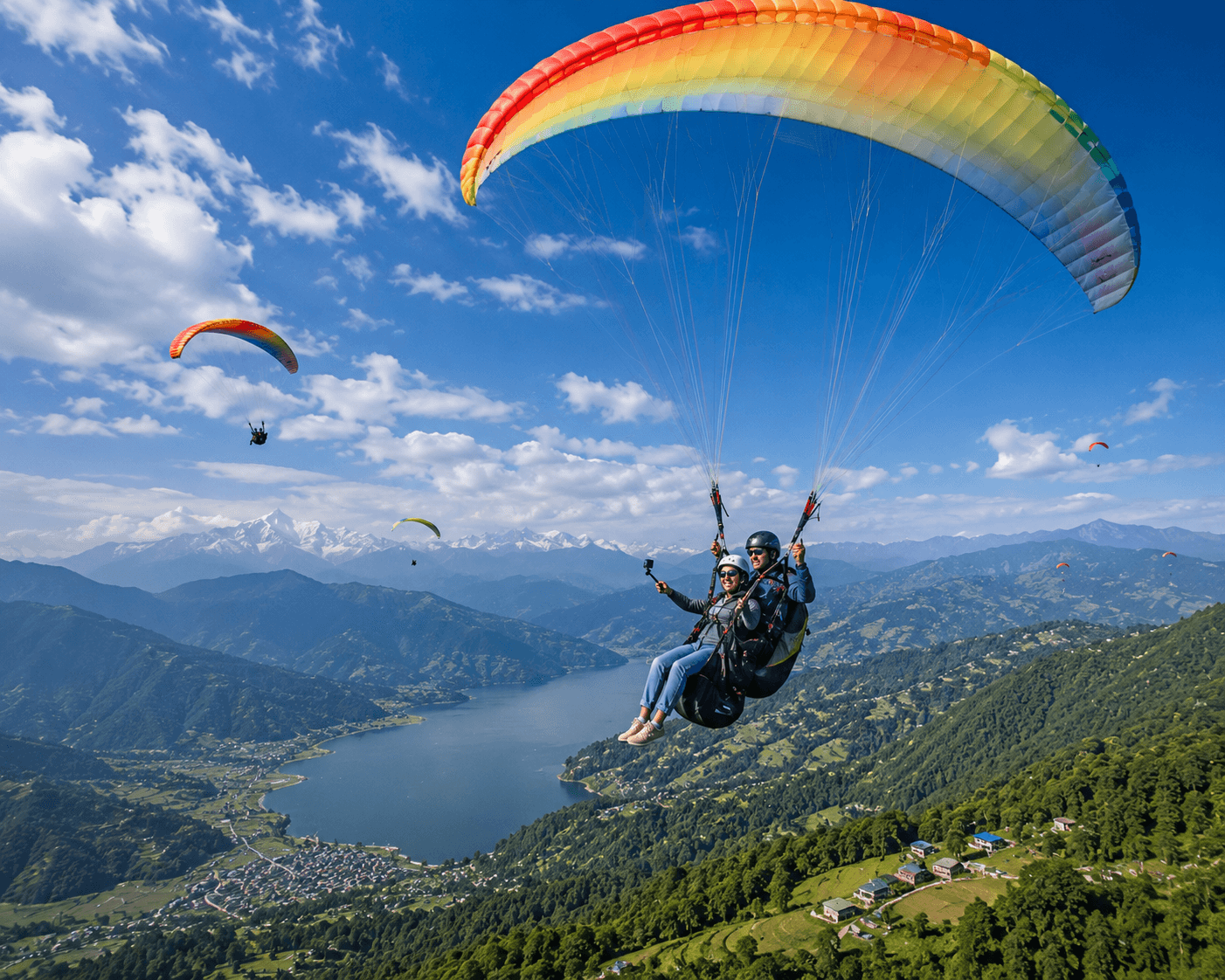Tandem paragliders soaring over a Himalayan valley and lake